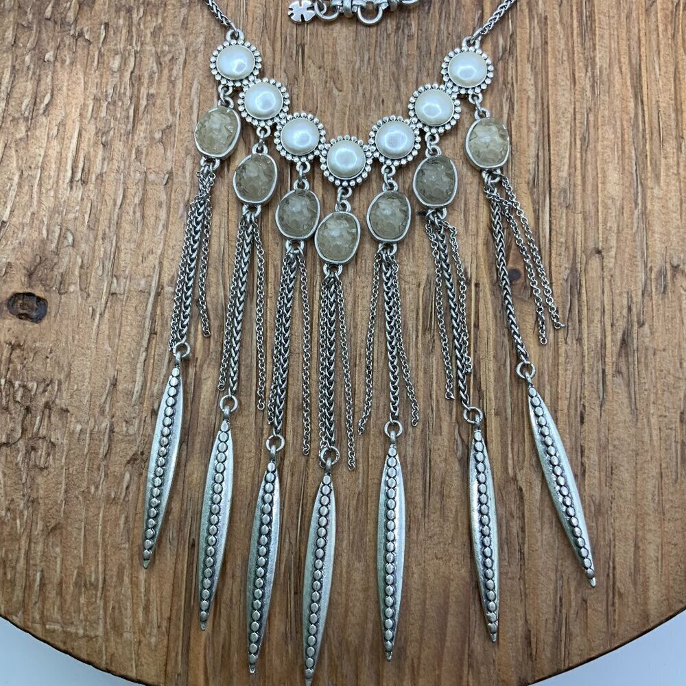 Lucky Brand Druzy Stone Silver Tone Bib Fringe Necklace